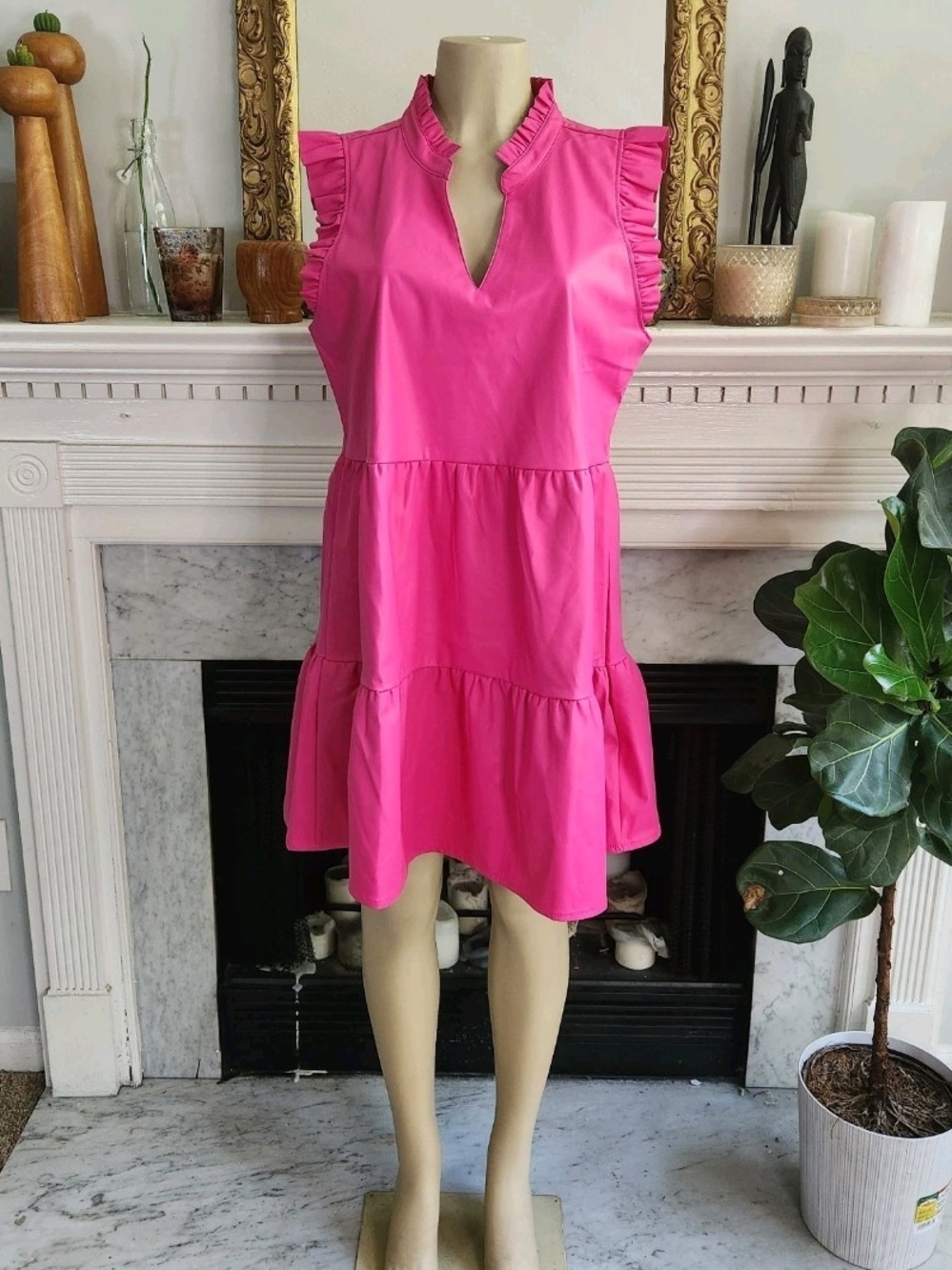 Mud Pie Pink Faux Leather Prairie Shift Dress Sz M Ruffle Tiered Barbiecore - Picture 2 of 9